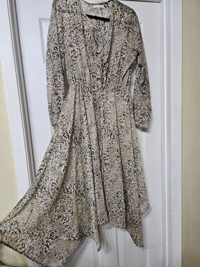 Sheer Asymmetrical Cream & Black Floral Midi Dress